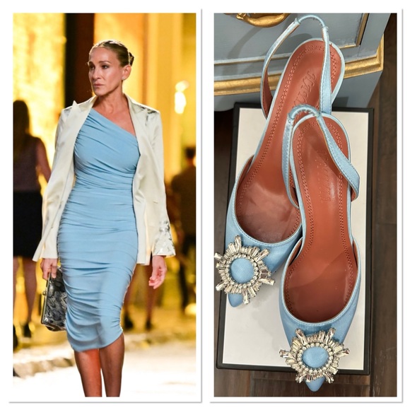 Shoes - Elegant Blue Satin Slingback Heels